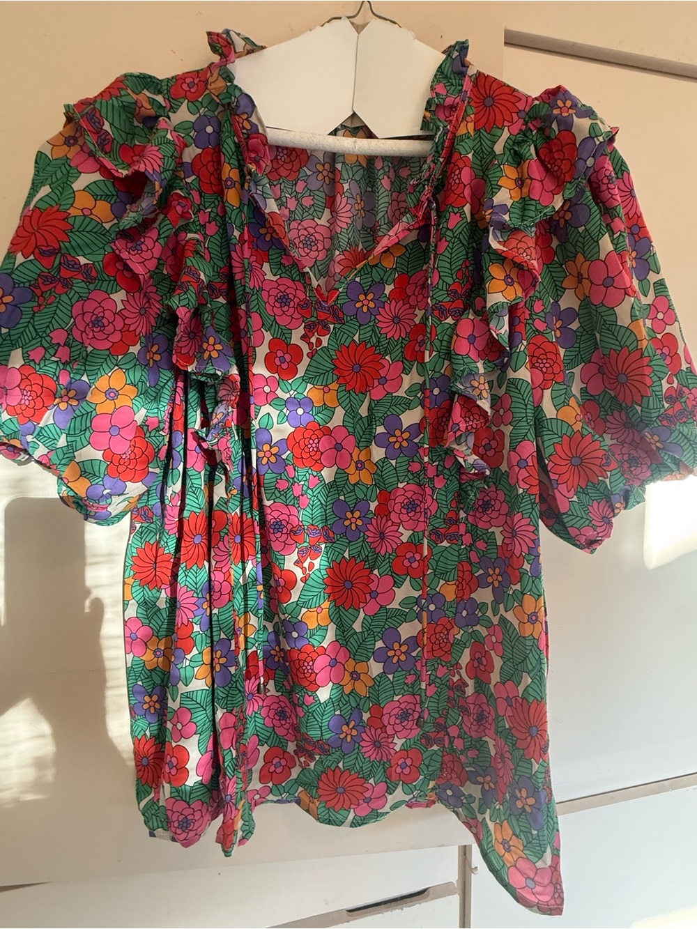 entro Floral Ruffle Tie-Neck Tunic in Pink, Green & Purple